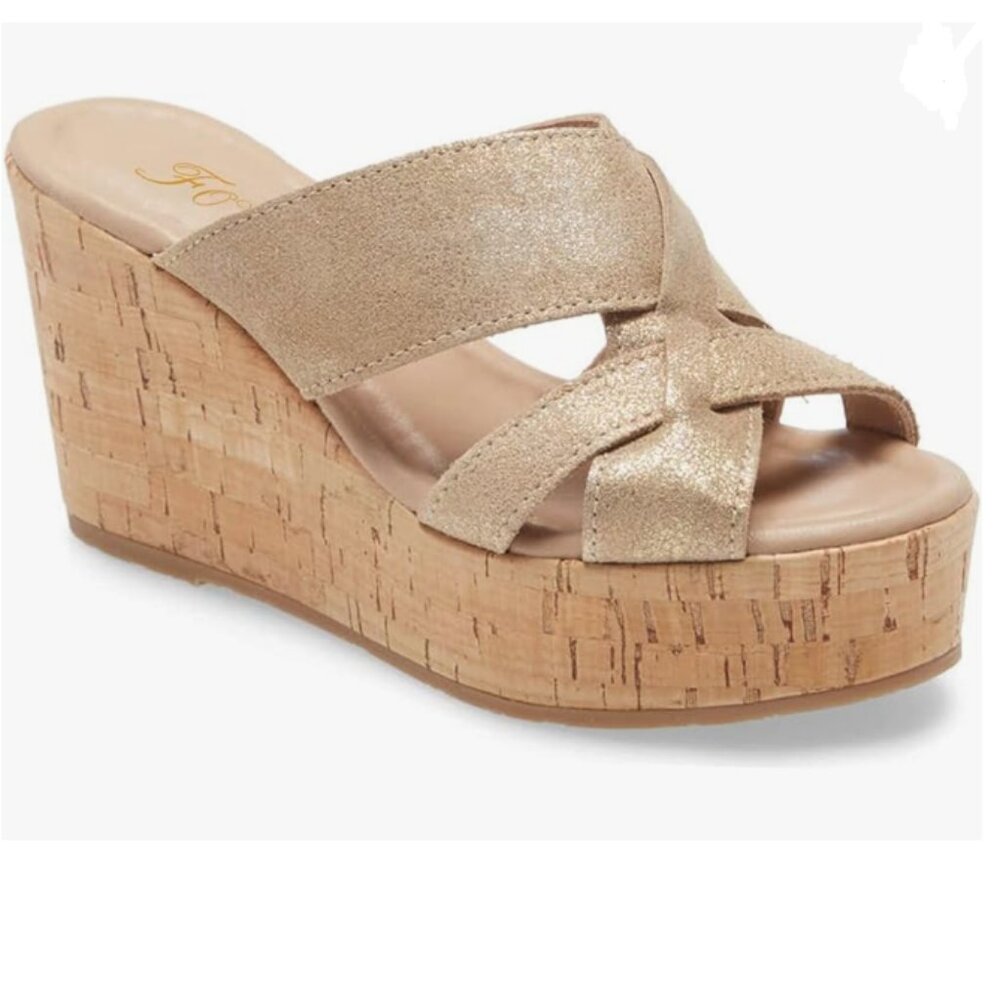 FOWT Gold Cork Wedge Sandals Cross Strappy High Platform Open Toe Slipper
